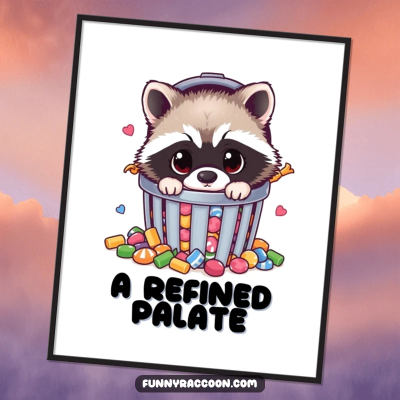 Funny raccoon poster print of a fluffy raccoon peeking from a candy-filled trash can, humorous wall decor.