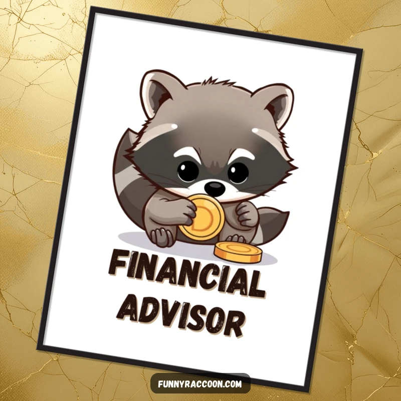 Funny raccoon poster print of a mischievous raccoon stealing a shiny coin, humorous wall decor.