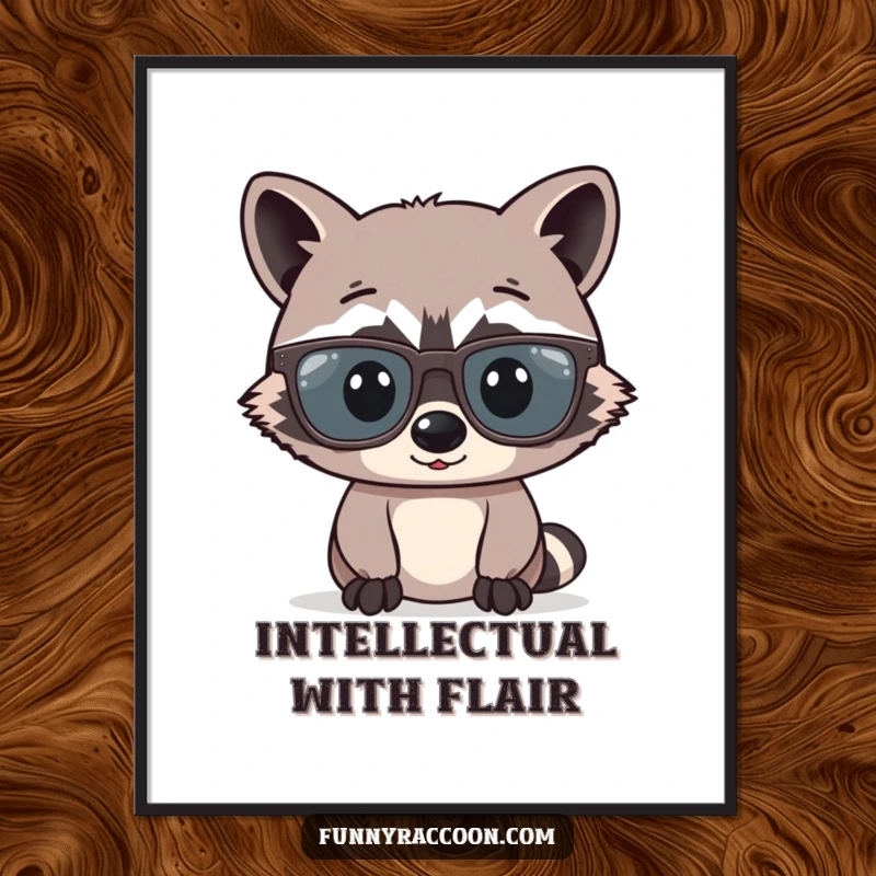 Funny raccoon comically wearing glasses far too large for its face is shown on a poster, exuding quirky intelligence.
