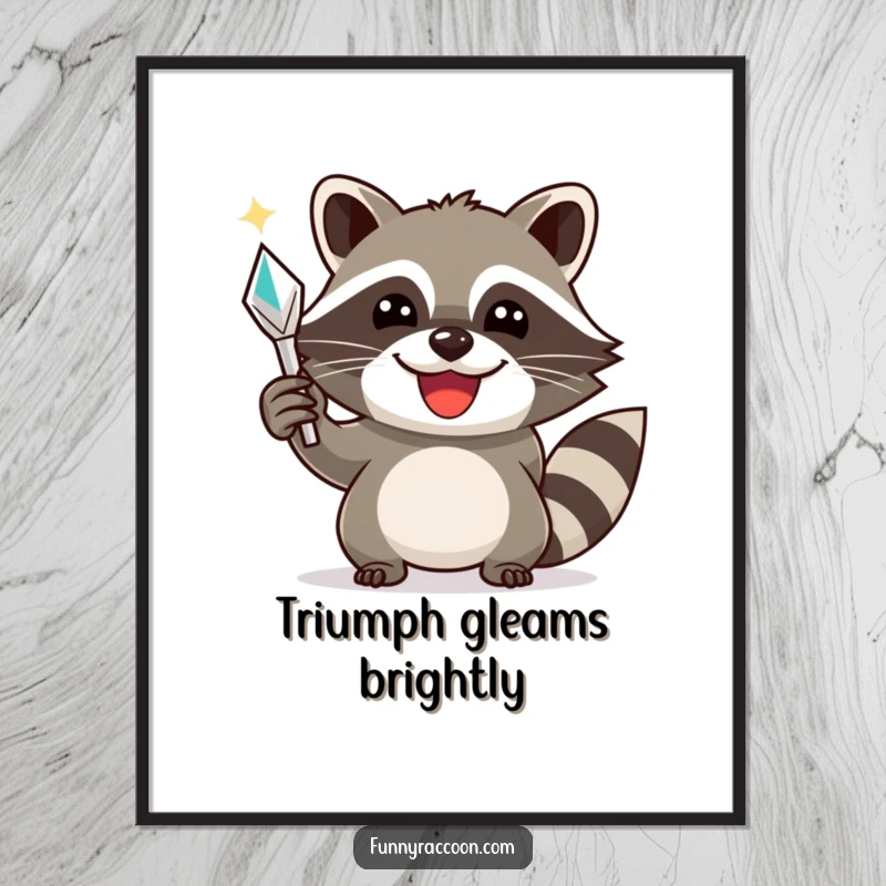 Funny raccoon poster, a wide-smiling raccoon triumphantly holding a shiny object, symbolizing success and playful joy.