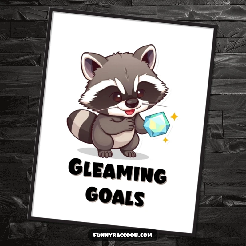 Funny Raccoon Poster: A mischievous raccoon grins, caught in the act of trying to steal a bright, sparkly gem.