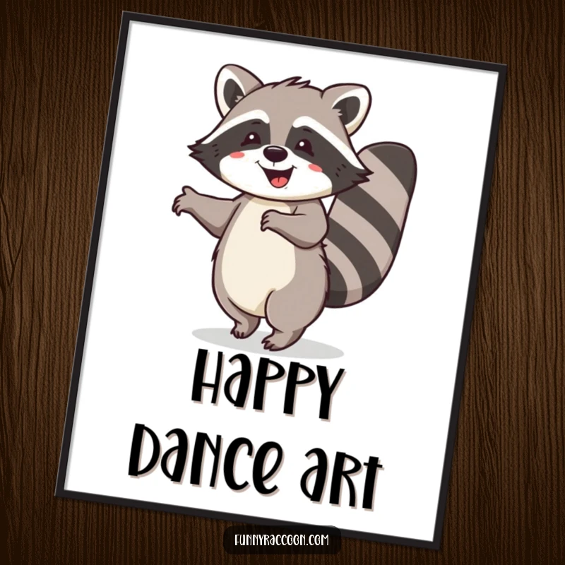 Funny raccoon poster, bushy tail curled, performing a happy dance, vibrant and cheerful woodland art, humorous wall decor.