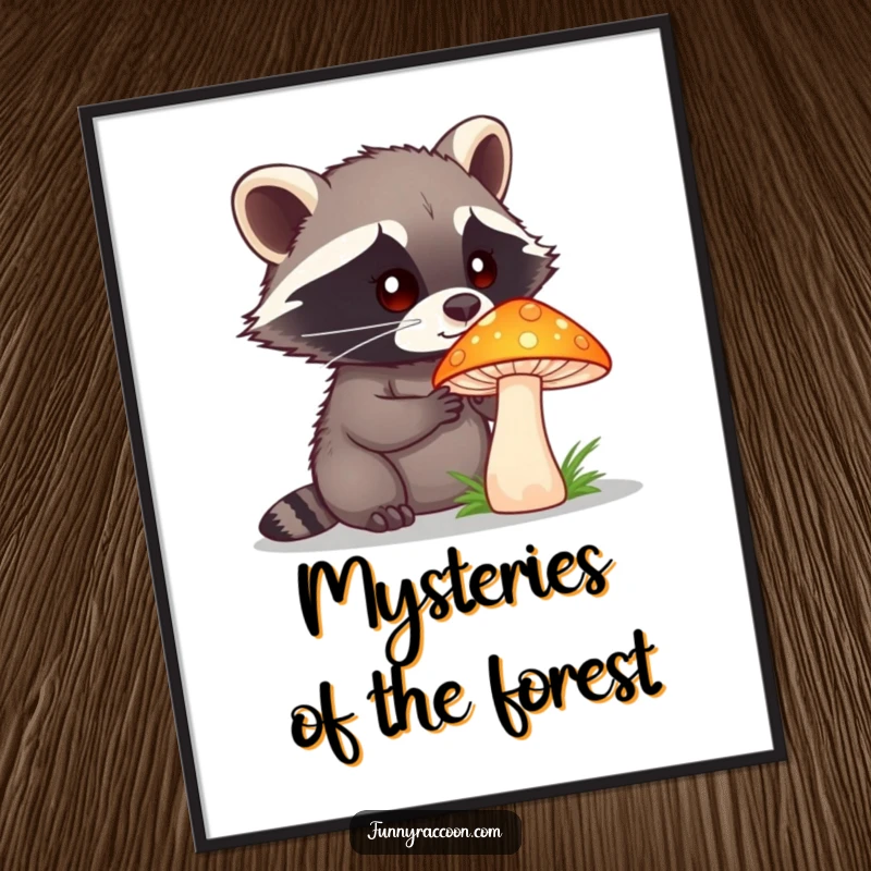 Funny raccoon with a curious expression is shown closely examining a large, vibrantly colored mushroom on a poster.