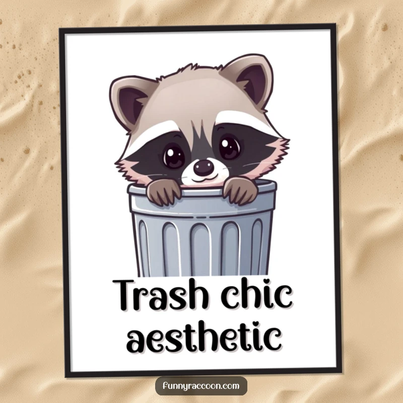 Funny kawaii raccoon poster, a cute raccoon peeking curiously out of a trash can, bringing adorable mischief to decor.