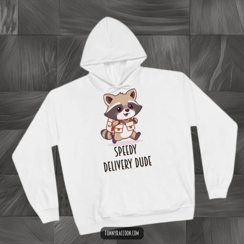 Funny kawaii raccoon hoodie showing a happy raccoon in a mail carrier uniform with a tiny satchel.
