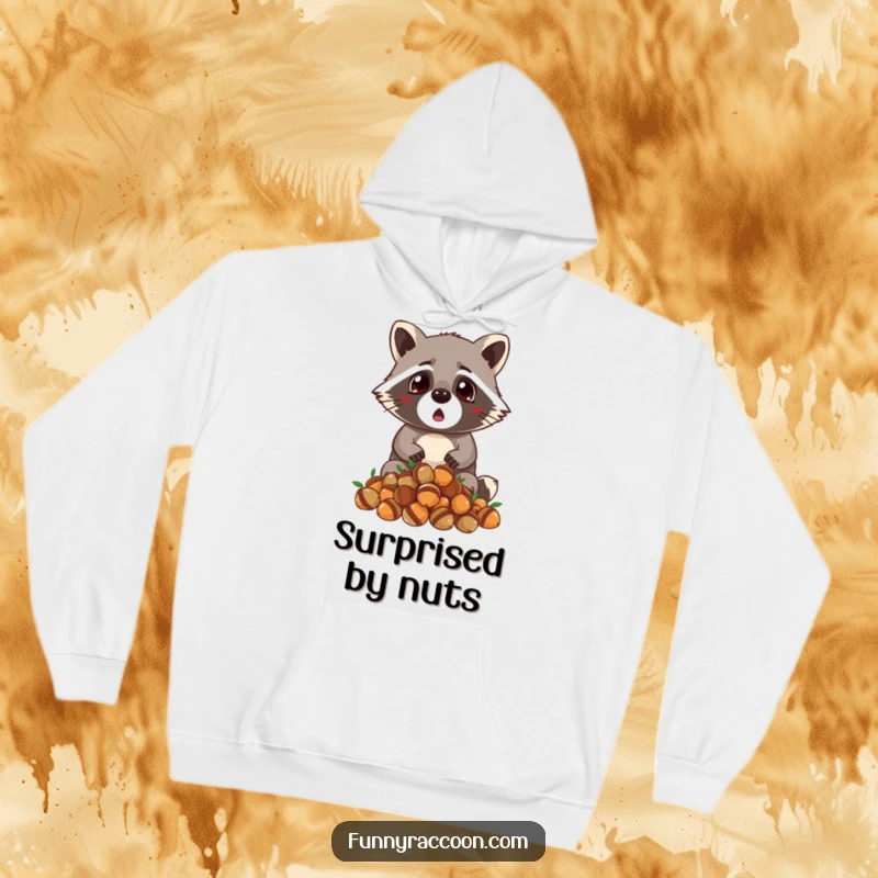 Funny raccoon hoodie, soft and warm, eyes wide with surprise, dropping acorns, tiny ears perked, humorous and cozy.
