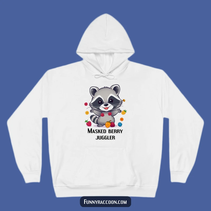 Cozy Funny Raccoon Juggling Berries Hoodie - Warm & Hilarious Gift