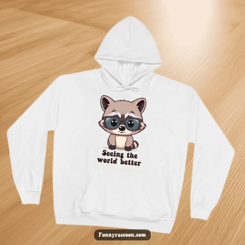 A cozy hoodie featuring a funny raccoon comically wearing excessively large glasses, conveying a studious yet humorous look.