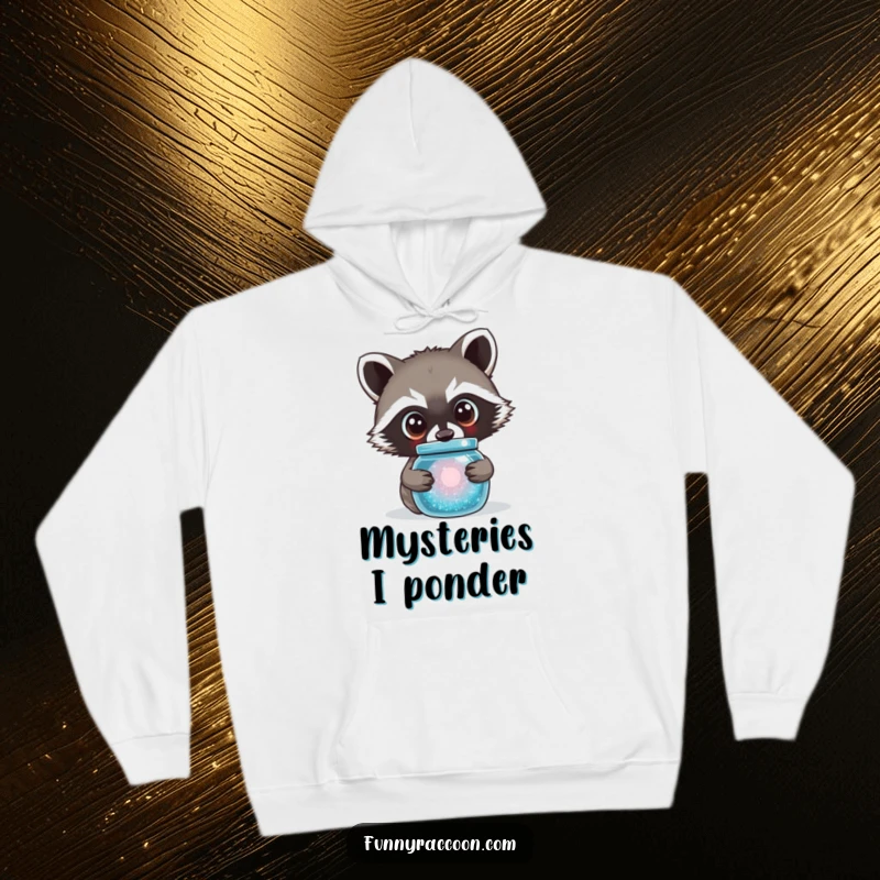 Funny raccoon hoodie featuring a cute raccoon with large, curious eyes peering into a sparkling jar.