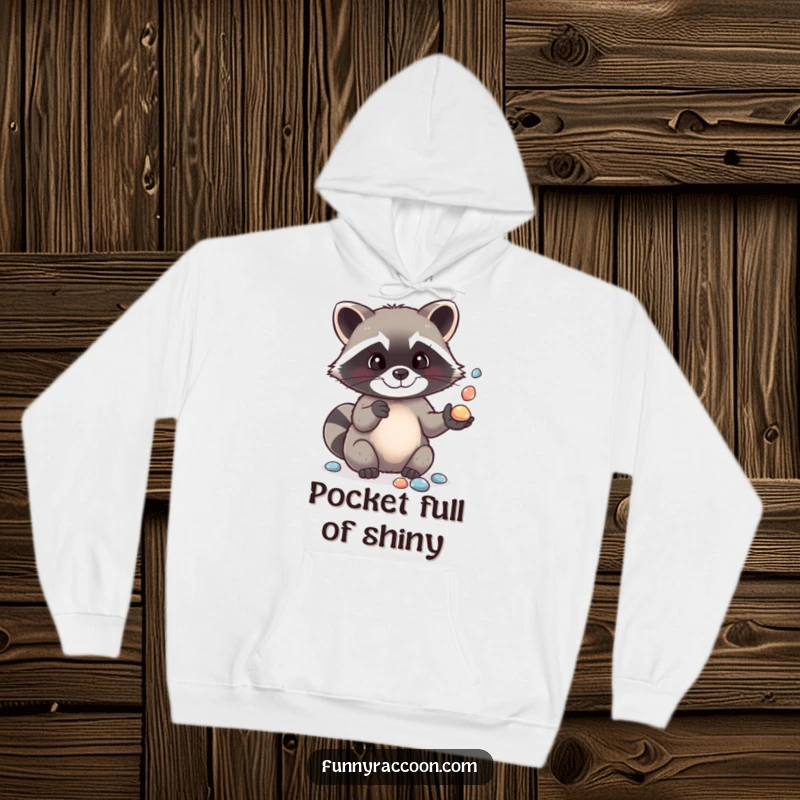 Funny hoodie featuring a determined, cute raccoon balancing multiple shiny pebbles in the air with its paws, looking focused and funny.
