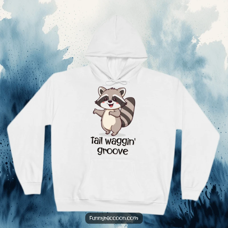 Funny raccoon hoodie, cozy and warm, bushy tail curled, performing a cheerful happy dance, humorous and comforting wear.