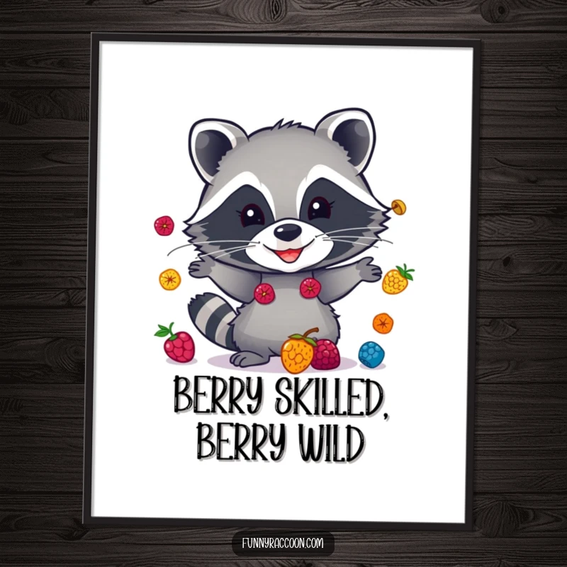 Funny Free Printable Wall Art: A mischievous raccoon with a wide grin, juggling colorful berries with flair.