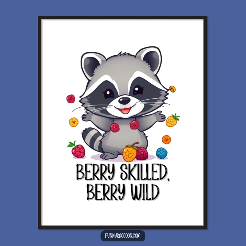 Free Printable Wall Art: Funny Raccoon Juggling Berries, Whimsical Downloadable Decor