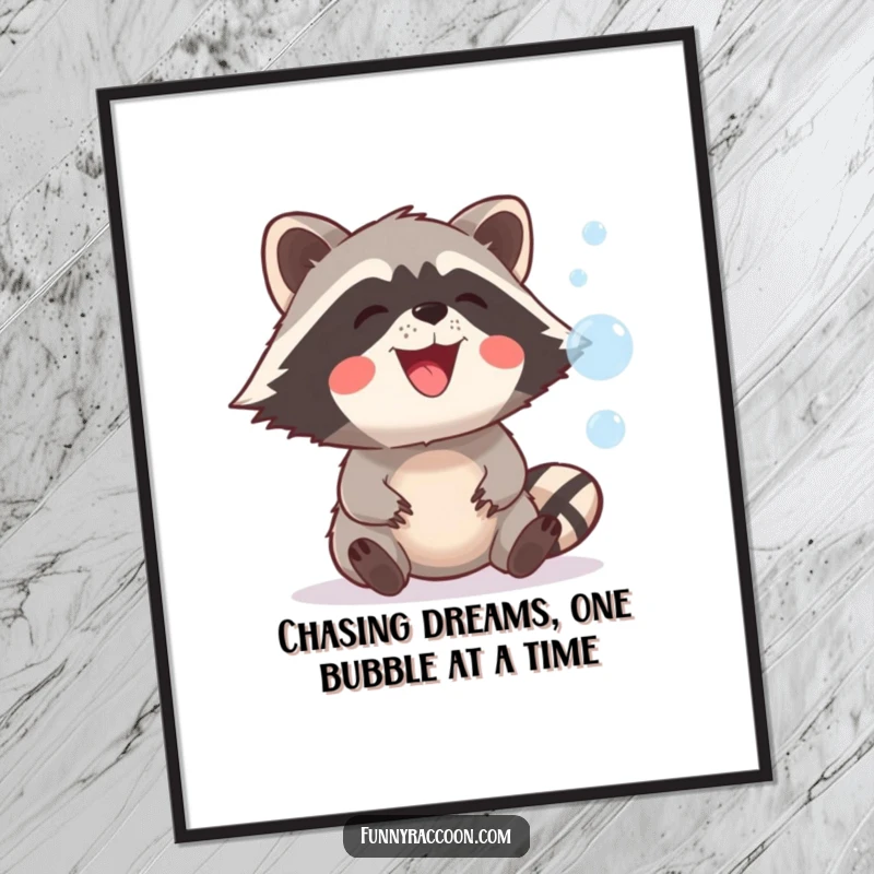 Funny Free Printable Wall Art: Raccoon with a mischievous grin attempting to grab floating soap bubbles.
