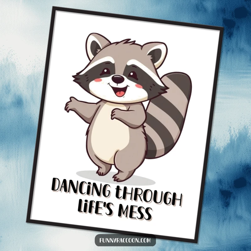 Funny Free Printable Wall Art: A beaming raccoon with its tail curled, performing an infectious happy dance.