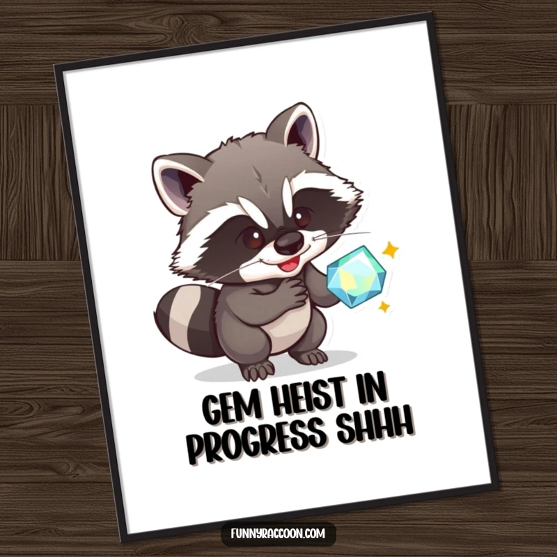 Funny Free Printable Wall Art: Raccoon with a sly grin reaching for a shiny gem