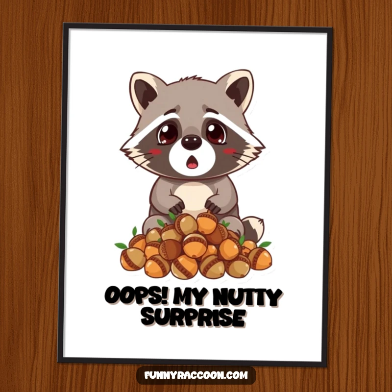 Funny Free Printable Wall Art: A raccoon looking surprised as it drops a bunch of acorns, creating a humorous scene.
