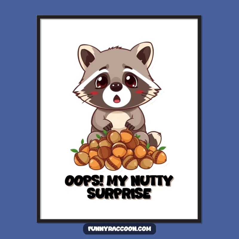 Free Printable Wall Art: Surprised Raccoon Dropping Acorns, Funny Downloadable Decor
