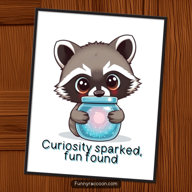Funny Free Printable Wall Art: Raccoon with large, curious eyes peering intently into a sparkling jar. Intriguing decor.