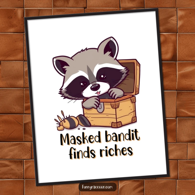 Funny Free Printable Wall Art: Raccoon with emphasized mask excitedly digging into a small treasure chest. Adventurous.