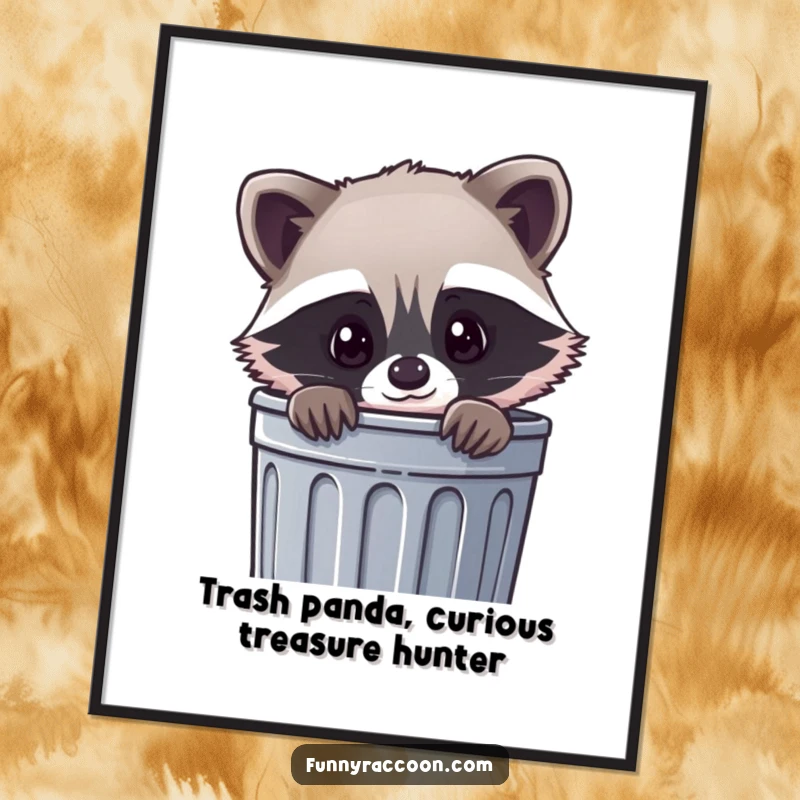 Funny Free Printable Kawaii Raccoon Wall Art: A cute raccoon with a curious expression peeks from a trash can, adding quirky charm.
