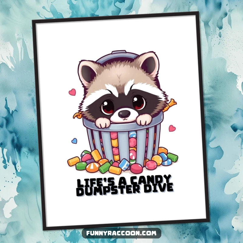 Funny Free Printable Wall Art: Fluffy raccoon with wide curious eyes peeking out of a trash can overflowing with candy.