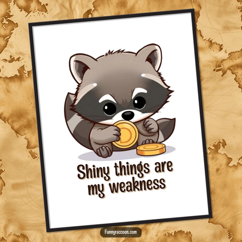 Funny Free Printable Wall Art: Mischievous raccoon with tiny paws attempting to stealthily steal a shiny coin.