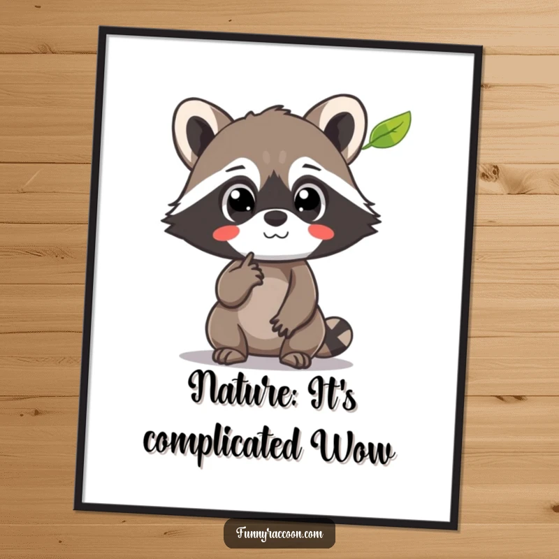 Funny Free Printable Wall Art: Raccoon with wide, astonished eyes pointing at a floating leaf