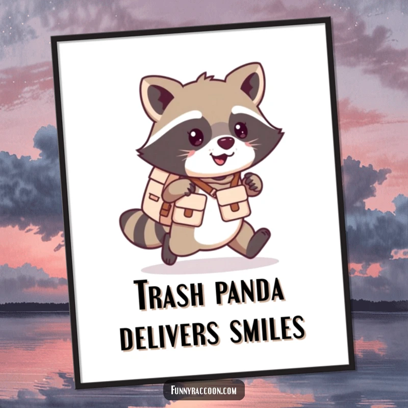 Funny Free Printable Wall Art: Adorable kawaii raccoon in mail carrier attire, scampering happily. Cute decor.