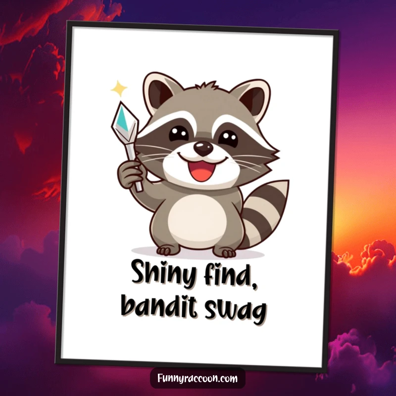 Funny Free Printable Raccoon Wall Art: A raccoon with a wide smile triumphantly holds a shiny object, adding quirky triumph to decor.