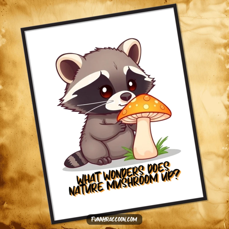 Funny Free Printable Wall Art: Raccoon with a curious expression studying a large, vividly colored mushroom.