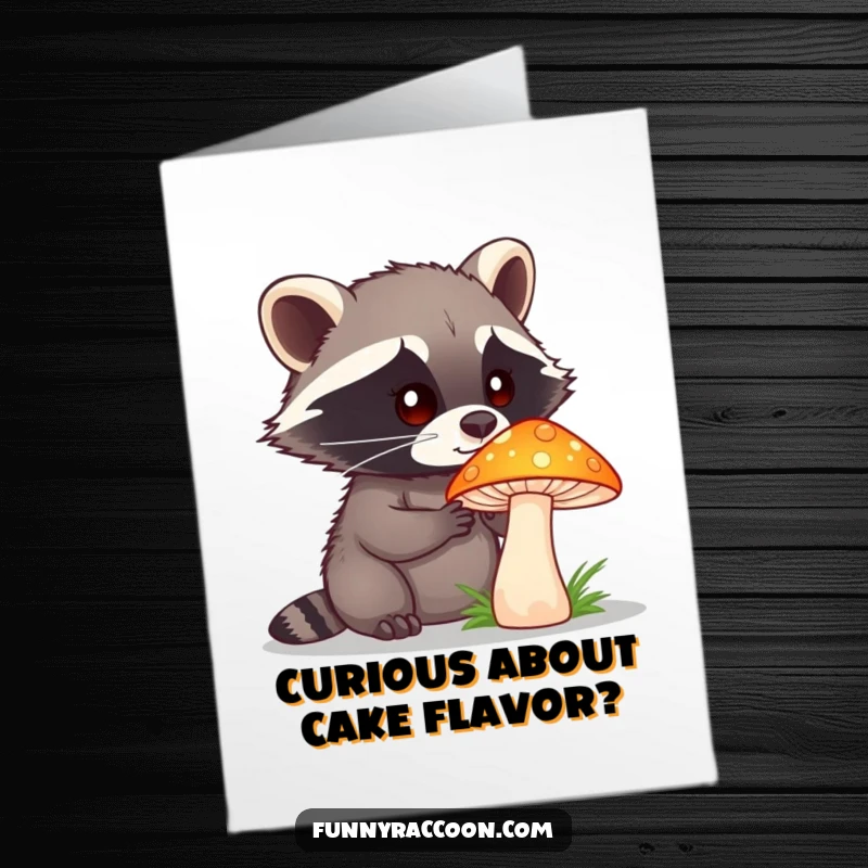 Funny Free Printable Birthday Card: Curious raccoon examining a large, vibrantly colored mushroom with wide eyes.
