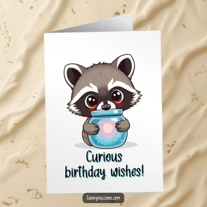 Funny Free Printable Birthday Card: Raccoon with large, curious eyes peering into a sparkling jar. Full of wonder.