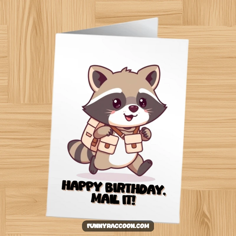 Funny Free Printable Birthday Card: Adorable kawaii raccoon wearing a mail carrier satchel, scampering happily. Cute delivery.