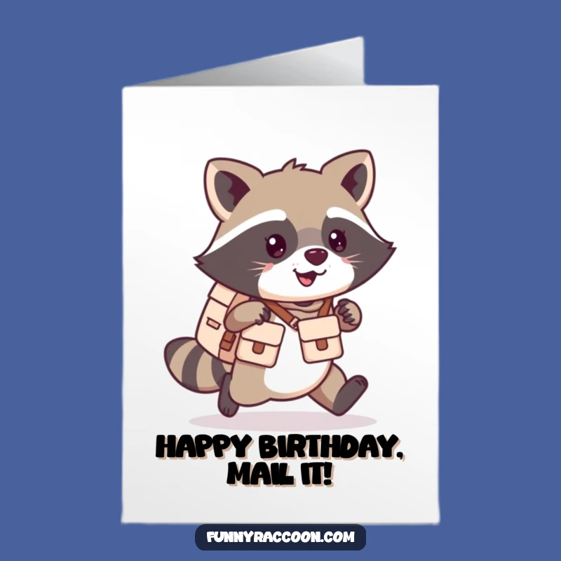 Free Printable Funny Birthday Card: Kawaii Raccoon Mail Carrier - Downloadable Cute Gift