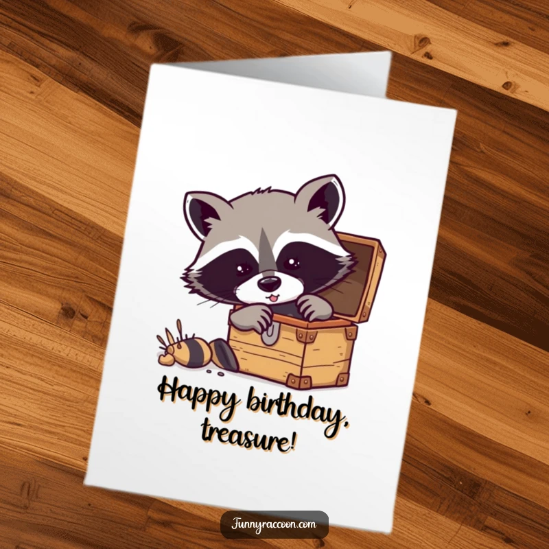 Funny Free Printable Birthday Card: Raccoon with emphasized mask excitedly digging in a treasure chest. Surprise awaiting.