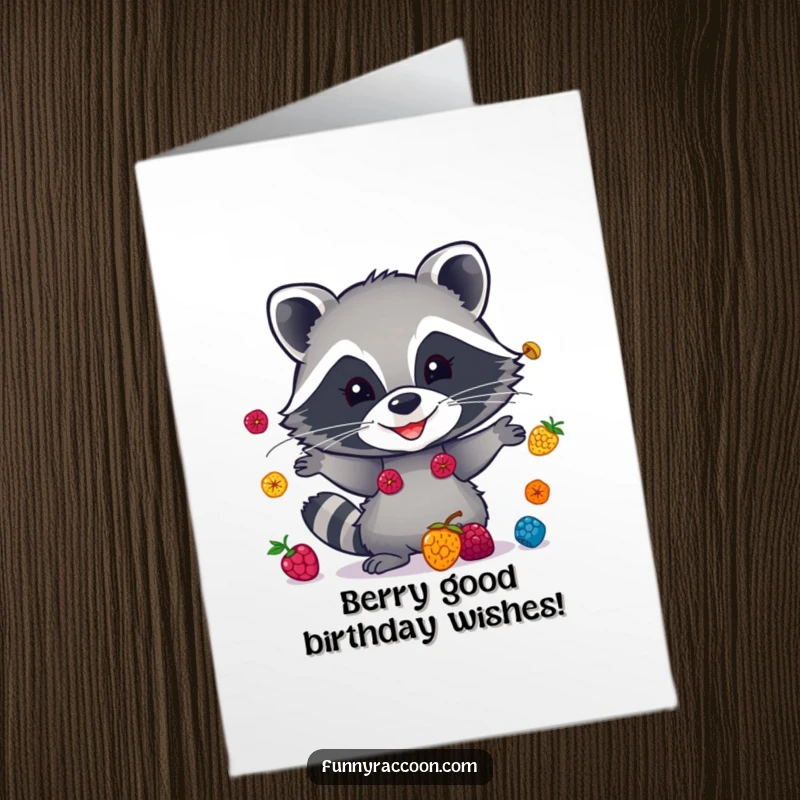 Funny Free Printable Birthday Card: Playful raccoon grinning while expertly juggling bright berries, spreading cheer.