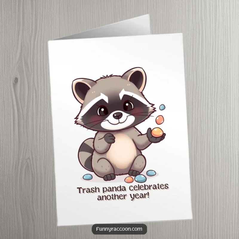 Funny Free Printable Birthday Card: A cute raccoon hilariously juggles shiny pebbles, ready to deliver a smile.