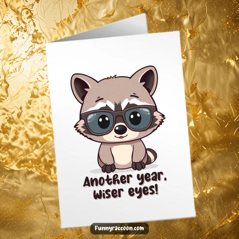 Funny Free Printable Birthday Card: Raccoon comically wearing oversized glasses that slip down its nose.