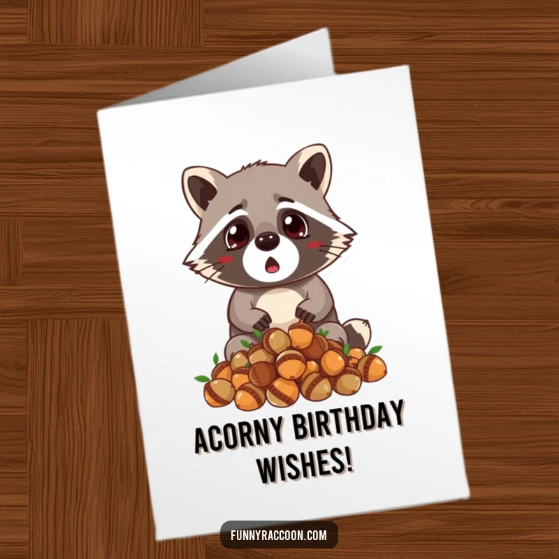Funny Free Printable Birthday Card: Surprised raccoon with perked ears, dropping a pile of acorns, causing a kerfuffle.