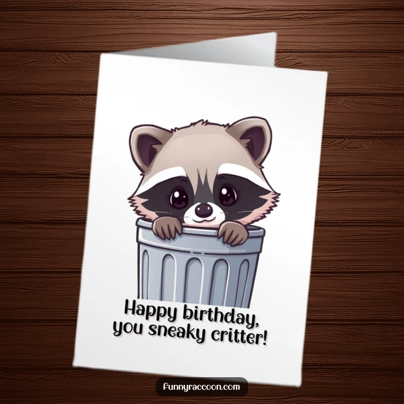 Funny Free Printable Kawaii Raccoon Birthday Card: A curious raccoon peeks from a trash can, wishing a happy birthday with charm.