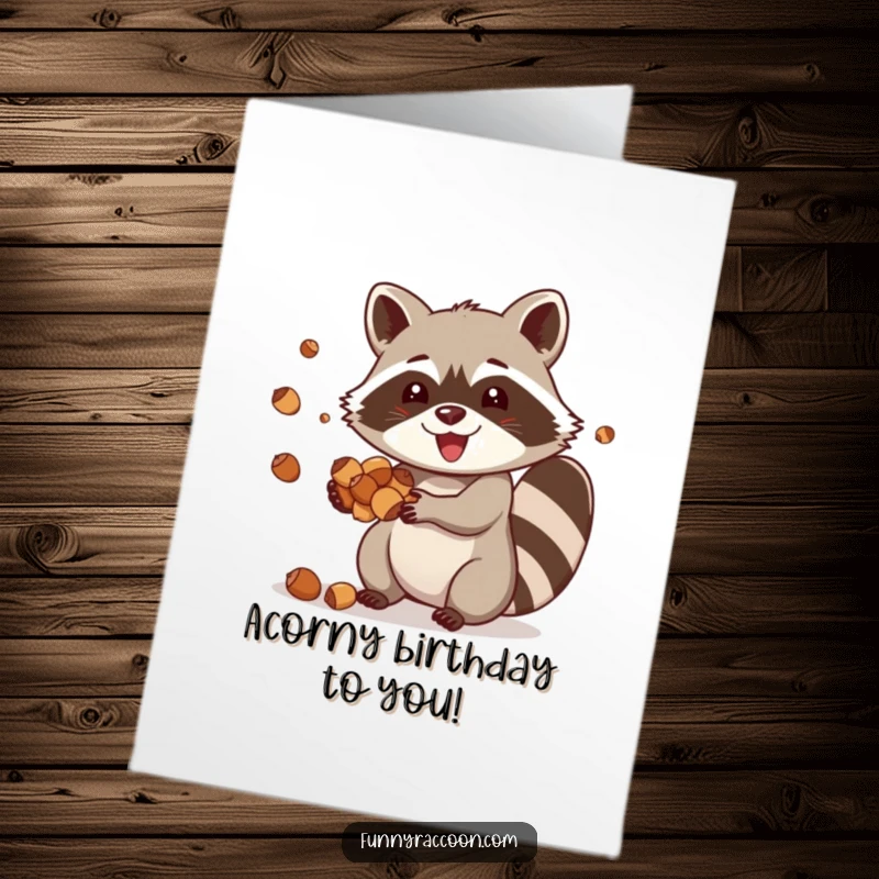 Funny Free Printable Raccoon Birthday Card: A joyful raccoon juggles acorns, celebrating a fun-filled birthday with skill.