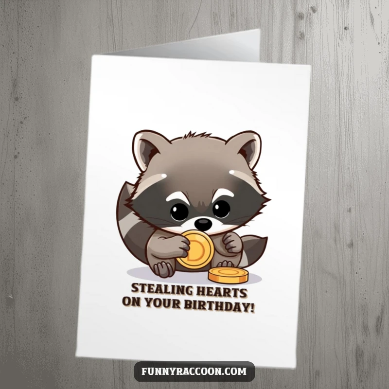 Funny Free Printable Birthday Card: Mischievous raccoon with tiny paws stealthily stealing a shiny coin for a birthday treat.