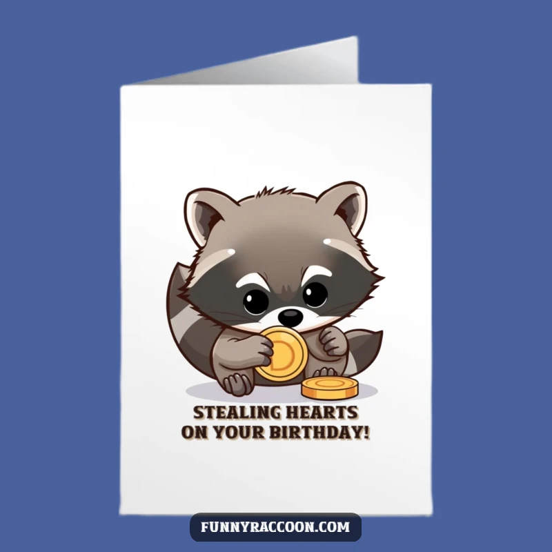 Raccoon Stealing Coin Free Printable Card: Birthday Heist, Funny Downloadable Gift