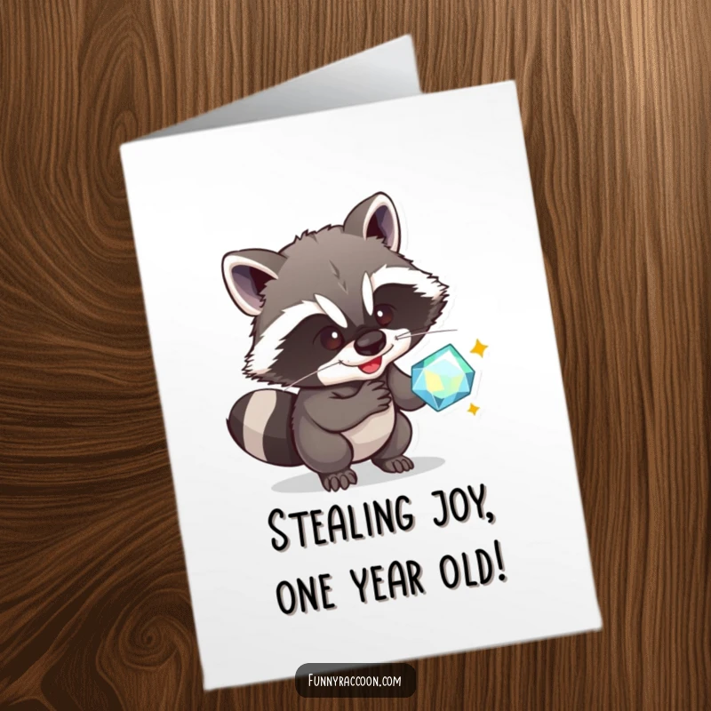 Funny Free Printable Birthday Card: Mischievous raccoon with a grin stealing a gem