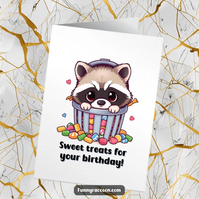 Funny Free Printable Birthday Card: Fluffy raccoon with curious eyes peeking from a candy-filled trash can.