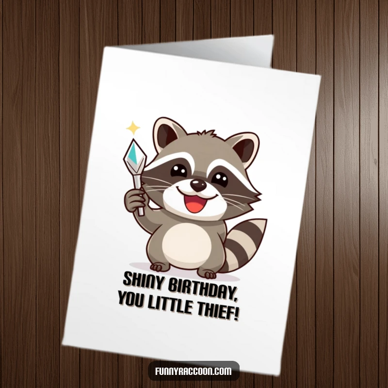 Funny Free Printable Raccoon Birthday Card: A smiling raccoon triumphantly holds a shiny object, celebrating a successful birthday.