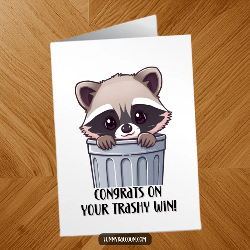 Funny Free Printable Kawaii Raccoon Congrats Card: A curious raccoon peeks from a trash can, celebrating a clever achievement.