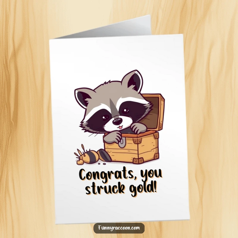 Funny Free Printable Congratulations Card: Raccoon excitedly digging into a treasure chest, mask emphasized. Lucky find.