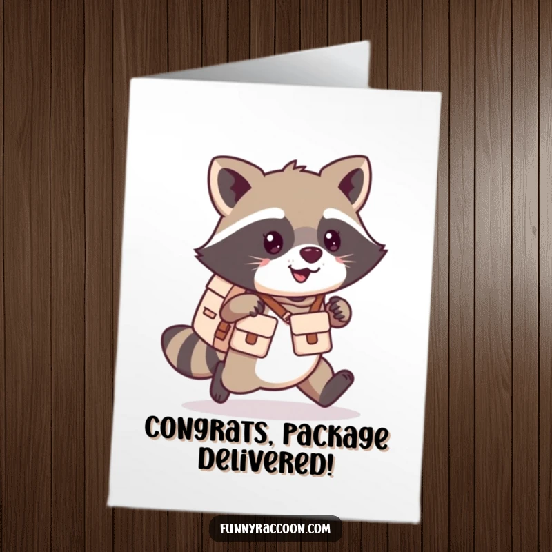 Funny Free Printable Congratulations Card: Cute kawaii raccoon in mail carrier gear, scampering with joy. Happy delivery.